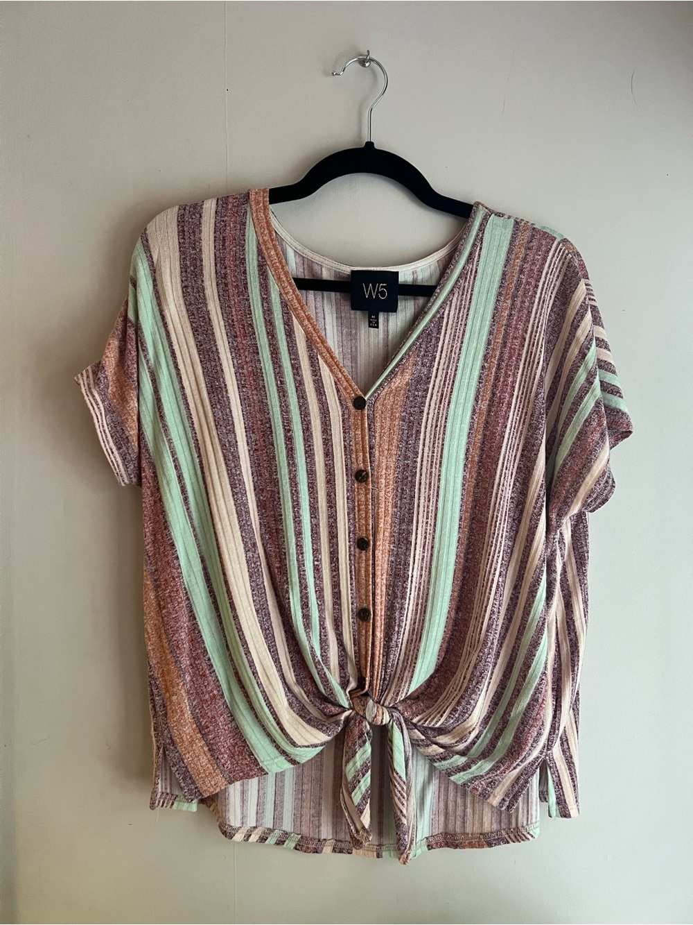 Women's Mint, Rust & Cream Striped Button-Front Tie Hem Top